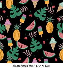 Frutos de verano sin fisuras, sobre fondo negro.
Impresión textil de moda, papel mural, diseño de papel envolvente.