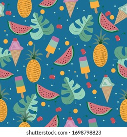 Summer fruits seamless pattern,on blue backgound.
Fashionable  textile print, wall paper, wrapping paper design.