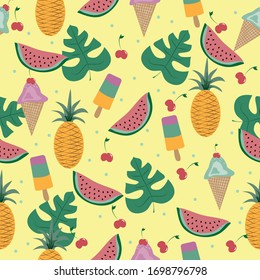 Summer fruits seamless pattern,on yellow backgound.
Fashionable  textile print, wall paper, wrapping paper design.