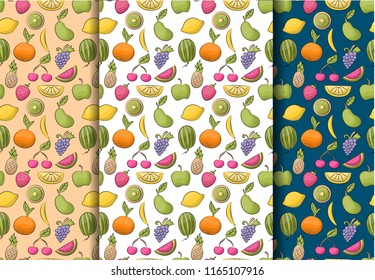 Summer fruits seamless patterns collection. Repeating background tile papers. Vector illustration.