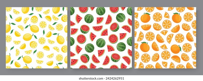 Sommerfrüchte nahtlose Vektor-Poster-Set. Sommer tropische Früchte Elemente Muster wie Zitrone, Wassermelone und Orange frische ganze und Scheiben Sammlung. Vektor-Illustration Sommerfrüchte nahtloses Design.