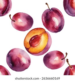 Summer Fruits Seamless Watercolor Plum Pattern on Transparent Background. - Powered by Shutterstock - Get 15% off with code: PIKWIZARD15