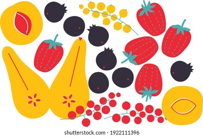 Los frutos de verano establecen la ilustración vectorial abstracta. Alimentos ecológicos saludables en granjas. Frutas y bayas para diseño impreso o web. Ingredientes de cocina frescos. Concepto de dieta vegetariana y de alimentos crudos. 