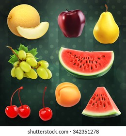 Frutos de verano, conjunto de ilustraciones vectoriales sobre fondo oscuro