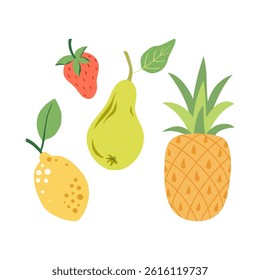 Summer fruits simple vector illustration. Pineapple, pear, strawberry, and lemon fruits. Vegan natural, organic plant food for menu, card, poster, banner, package. Flat illustration set.