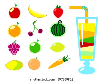 Summer fruits and smoothie glass flat style vector illustration on white, set of juicy fruits, isolated fruits clipart, health lifestyle vector illustration, juice station advertisement or poster