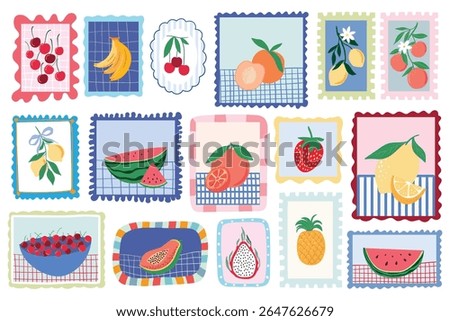 Summer fruits stamps collection, frames, posters collection, aesthetic elements, decorative design