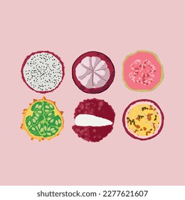 Summer fruits. Textured exotic Background. Flat fruits. Exotic citrus. Exotic collection fruits. 