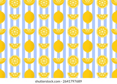 Summer fruits tropical lemon slices seamless pattern repeating background featuring bright yellow lemon slices, tropical leaves, and juicy citrus textures.