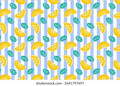 Summer fruits tropical lemon slices seamless pattern repeating background featuring bright yellow lemon slices, tropical leaves, and juicy citrus textures.
