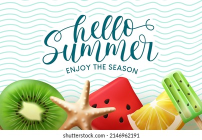 Diseño vectorial de frutas de verano. Hola texto de verano en el fondo de patrón con frutas de temporada tropical de kiwi, sandía y limón para diversión y relajación del saludo de vacaciones. Ilustración vectorial.