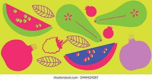 Summer fruits. Vector flat collection. Fruits and berries abstract illustration