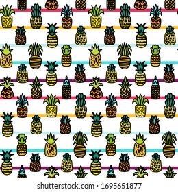 Summer fruits vector hand drawn seamless pattern. Pineapple, tropical dessert on striped background