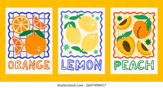 Summer fruits vector posters set. Bright tropical juicy print designs with oranges, lemons, peaches illustrations in whimsical frames