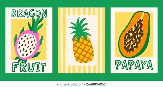 Cartazes de vetor de frutas de verão. Projetos de impressão suculentos tropicais brilhantes com pitahaya, abacaxi, papaya ilustrações