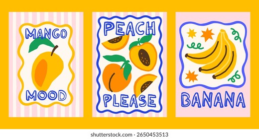 Summer fruits vector posters set. Bright tropical juicy print designs with mango, peaches, bananas illustrations in whimsical frames