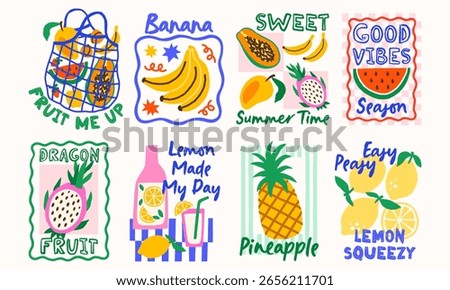 Summer fruits vector print designs with quotes. Bright tropical exotic illustrations in wavy frames