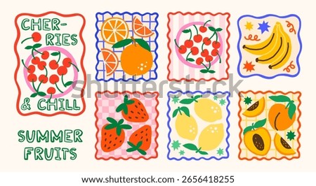 Summer fruits vector print designs. Bright tropical exotic fruits and berries illustrations in wavy frames
