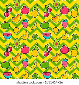 Summer fruits vector seamless pattern. Tropical fruits, sweet berries on bright zig zag background