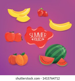 Summer fruits vector set on violet background