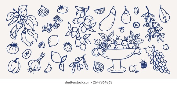 Summer fruits and vegetables whimsical hand drawn set. Whimsy coquette line art garden food - tomatoes, lemons, olives, garlic, bell pepper and fruit vase vector outline sketch illustration