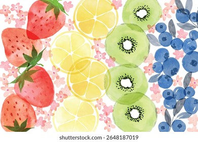 Summer fruits watercolor art colorful pattern background. Sweet kiwi, strawberry, blueberry and lemon in frame.Summer fruits pattern. Fruit berry background. Watercolor fruit texture