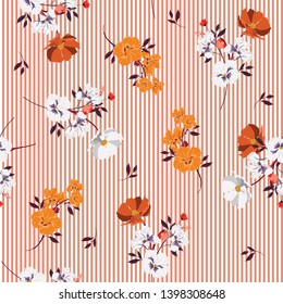 Summer full of blooming flowers and leaves bright mood on orange stripe seamless pattern Design for fashoin fabric ,wallpaper book , card and etc