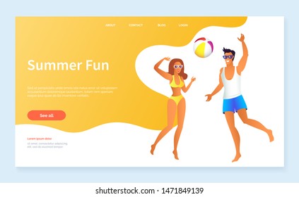 Summer fun activities on beach vector, man and woman playing active games. Couple with ball jumping and running characters on spring vacations. Website or webpage template, landing page flat style