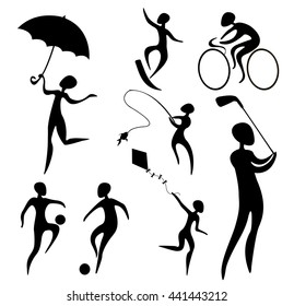 Summer fun activity. Abstract vector silhouettes of active people on a white background  (pictogram)
