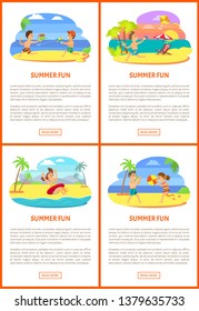 Summer fun activity set of girl in inflatable circle, friends playing volleyball, running with kite and squirts. Teenagers portrait view on beach vector