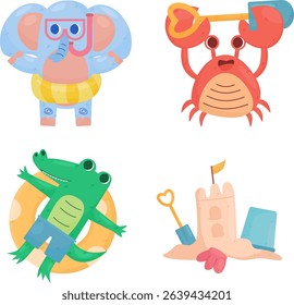 Summer Fun Animals Enjoying the Beach, Elephant, Crab, Crocodile and Clam.