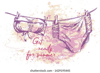 Summer fun background vector illustration. Bright colorful background with bikini and typography "Let ready for summer"