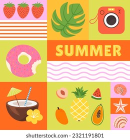 Afiche de temporada de verano de estilo minimalista. Impresión gráfica a color brillante. Fondo vectorial de vacaciones