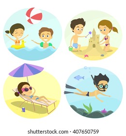 Summer fun at the beach with the kids. Family holidays by the sea. children build a castle on the sand, sunbathing under a parasol, underwater diving child inflatable ball game. childrens illustration