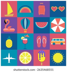 Summer fun. Beach vacation. Geometric banner. Abstract campaign element. Festival sale poster. Tropical event. Flyer layout. Flat pattern. Holiday journey. Story design template. Vector background