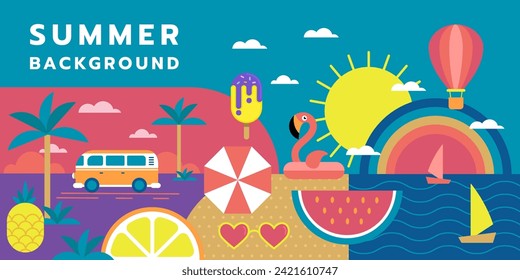 Summer fun. Beach Vacation poster design. Cocktail geometric banner. Patterned color elements. Summertime journey concept. Holiday abstract festival. Tropical event. Car van journey. Vector background