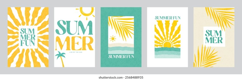 Summer Fun, Boho groovy palm tree beach sun sea. Surf club vacation and sunny summer day aesthetic. Vector illustration background in trendy retro naive simple style. Pastel yellow blue brown colors.