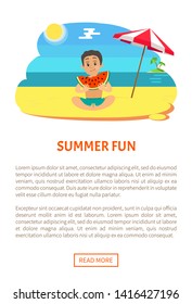 Summer fun, boy eating watermelon on beach, teenager with full cheeks. Tropical fruit, sitting teenager in blue shorts, parasol and islands vector. Website or webpage template, landing page