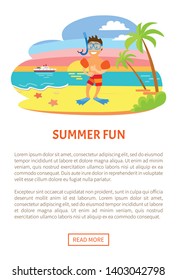 Summer fun, boy on beach vector, summertime hobby of child, active relaxation. Kid wearing equipment for snorkelling and diving underwater. Website or webpage template, landing page