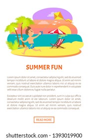 Summer fun, boy running along beach coastline with wind kite, sunset and relaxation by seaside, exotic tourism. Sunbed on coastline. Website or webpage template, landing page flat style, vector