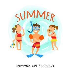 Summer fun, boy wearing special mask for diving, girl listening to seashell noise. Kid eating ice cream and holding toy in hands. Summertime vacation