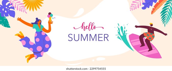 Summer fun colorful background with tropical leaves and modern cartoon characters. Summer beach scenes of people surfing, eating ice cream and having fun.