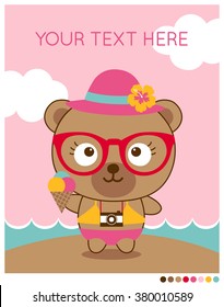 Summer fun concept of a bear in colorful bikini with glasses, camera and hat holding ice cream vector illustration on beach background