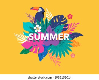 Summer fun concept design. Creative summer background with jungle leaves and toucan. Summer sale, post template