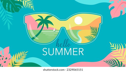 Summer fun concept design. Creative background of landscape, panorama of sea and summer beach on sunglasses. Summer sale, post template with jungle leaves frame. Vector illustration