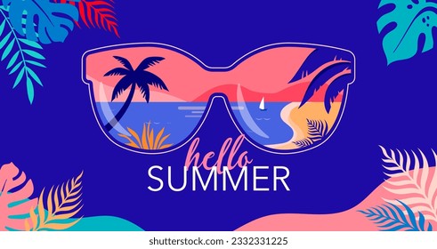 Summer fun concept design. Creative background of landscape, panorama of sea and summer beach on sunglasses. Summer sale, post template with jungle leaves frame. Vector illustration