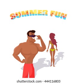 Summer fun concept illustration. Beach pickup and dating concept vector in flat style design. Muscular man looking after beautiful girl in bicini. Isolated on white background.