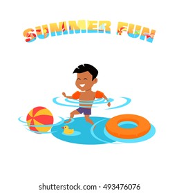 Summer fun concept vector. Family holiday and leisure with children on seacoast. Games in the pool. Flat style design illustration. Kid swimming and have fun in water. Isolated on white background.