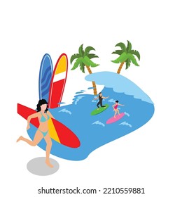 Summer fun couple surfing on sea 3d isometric vector illustration concept for banner, website, landing page, ads, flyer template