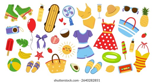 Summer fun essentials featuring beachwear, accessories, and cheerful motifs for a vibrant seaside experience